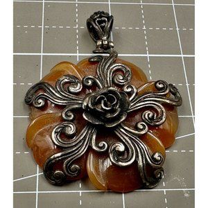 Vintage SSP Wrapped Sterling Carved Carnelian Flower Pendant High Detail
